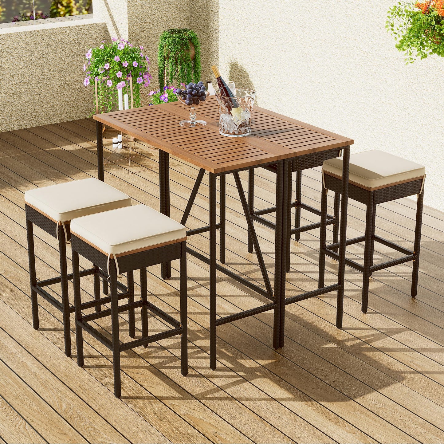 Merax 5-Piece Outdoor Bar Table and Chairs Set for 4, Acacia Wood PE Rattan Wicker Table and 4 Bar Height Stools with Cushions, Foldable Tabletop, Dining Bistro Set All-Weather Patio Furniture, Brown