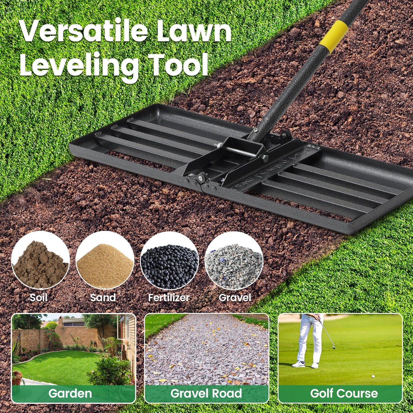 Lawn Leveling Rake - Heavy Duty 30" x 10" Lawn Leveler,Anti-Flip Edge, Adjustable 5FT Handle, Folding Plate for Yard, Soil, Sand, Topsoil Spreader - Garden Ground Top Dressing,Landscaping Tool