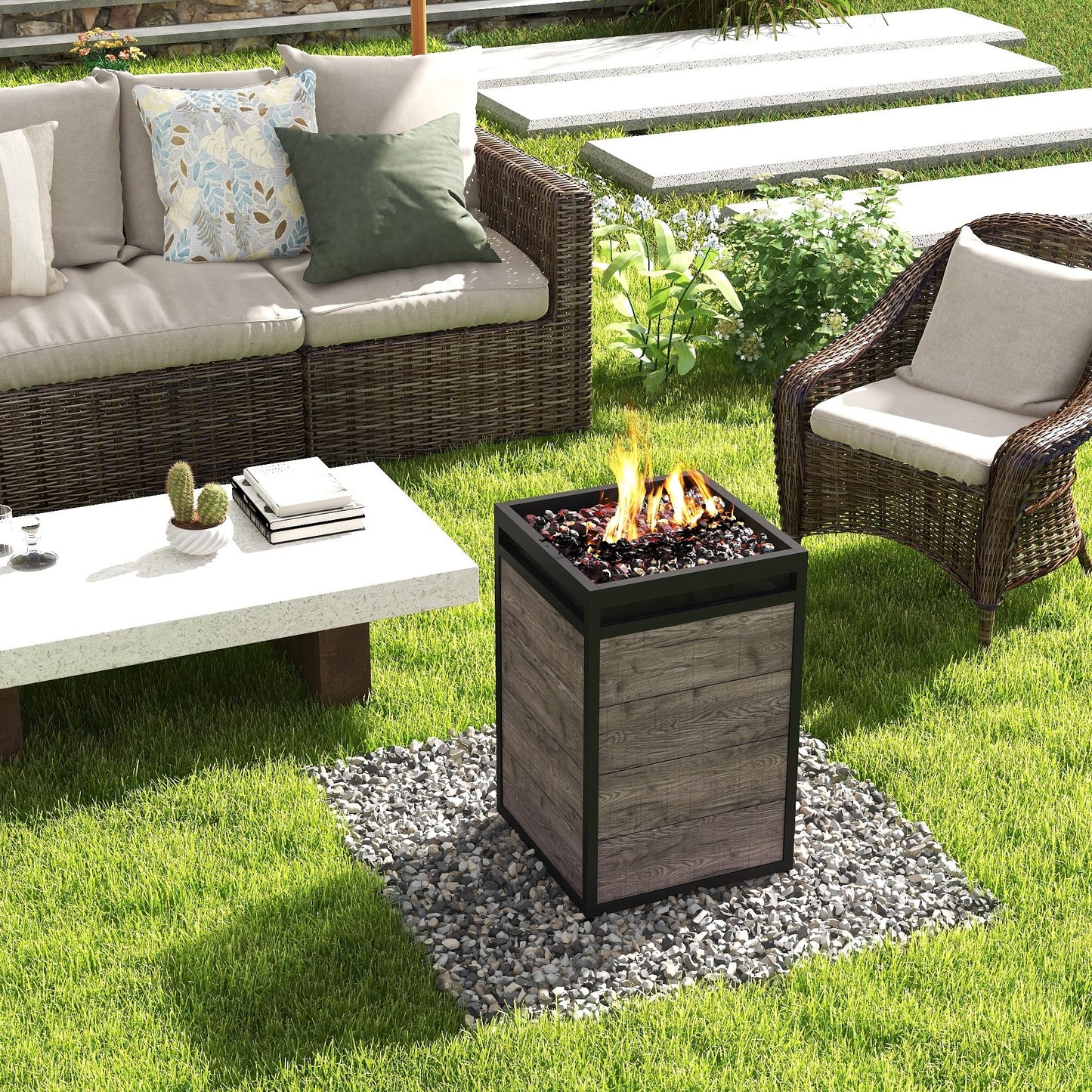 Afterglow Terrafab Grey Panels with Steel Frame 16" Square 40,000 Btu Propane Fire Column Outdoor Wood Effect Fire Pit for Outdoor Patio Garden Backyard Decking Decor CSA Certificated