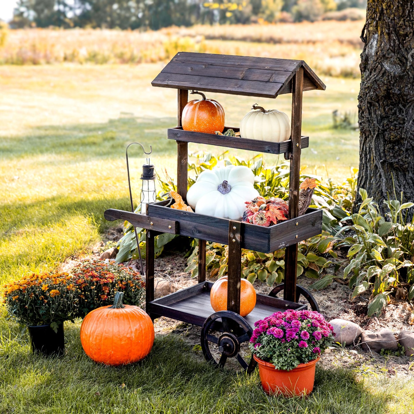 Sunnydaze Country Market Flower Cart Display Stand with Wheels - 2 Shelves - Fir Wood - 30 lb Weight Capacity - Charred Fir