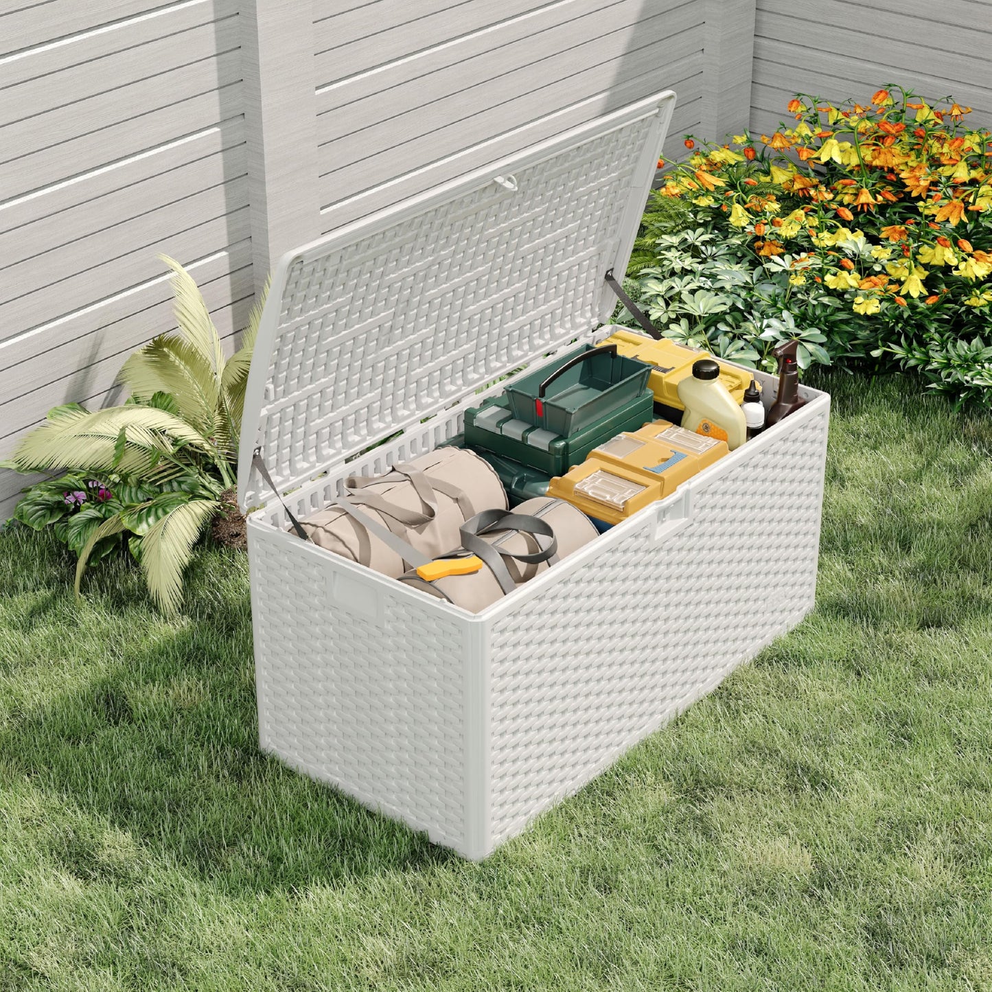 Garvee 99 Gallon Waterproof Large Resin Deck Box Indoor Outdoor, Lockable Storage Container for Patio Furniture Tools, Waterproof Deck Box Patio Storage Bin for Pool Garden, White