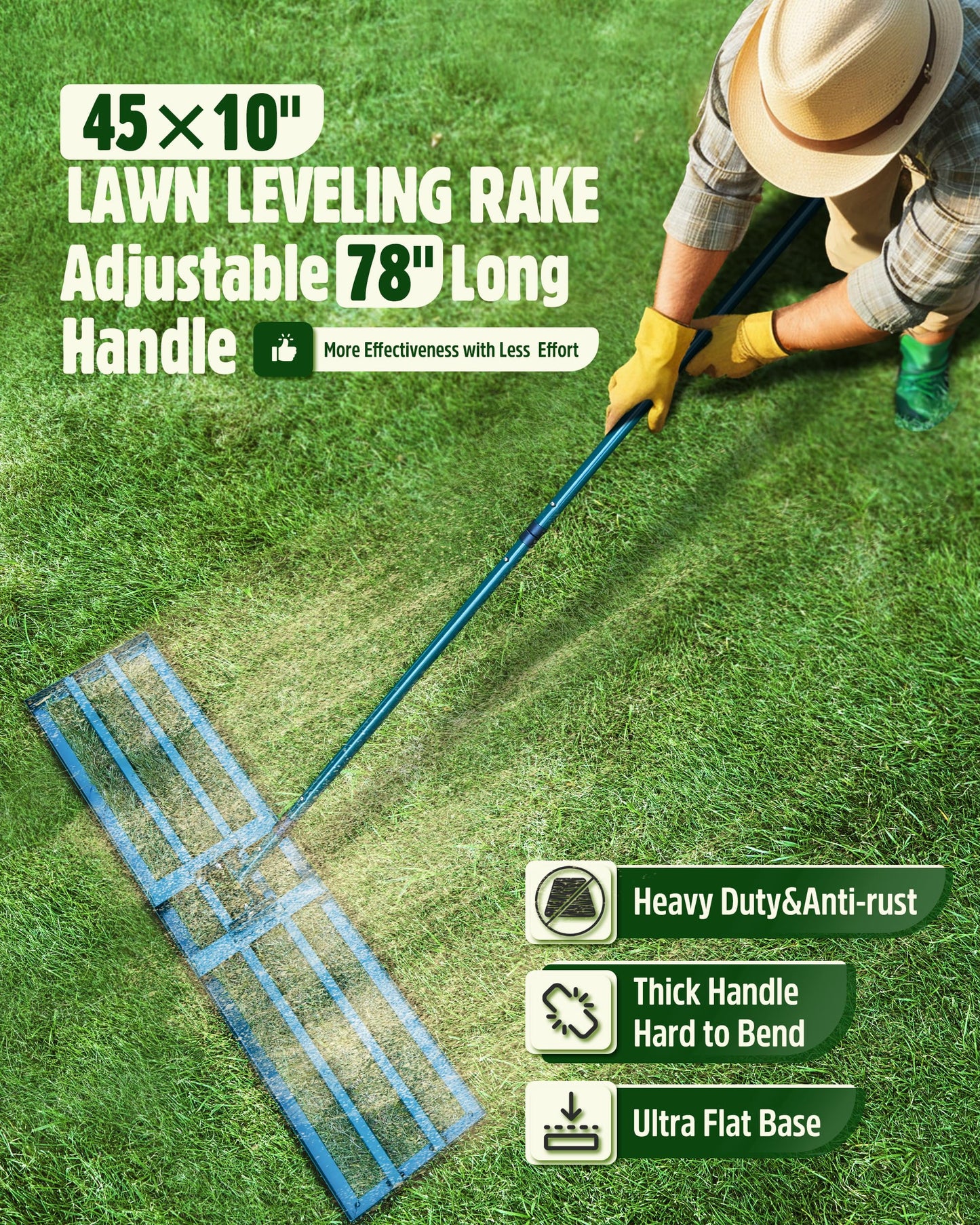 Lawn Leveling Rake,Stainless Steel Lawn Leveler with 45”x10” Ground Plate, 78” Adjustable Long Handle, Heavy Duty Large Level Yard Tool for Grass, Golf Field, Level Soil or Dirt Ground Surfaces-Green