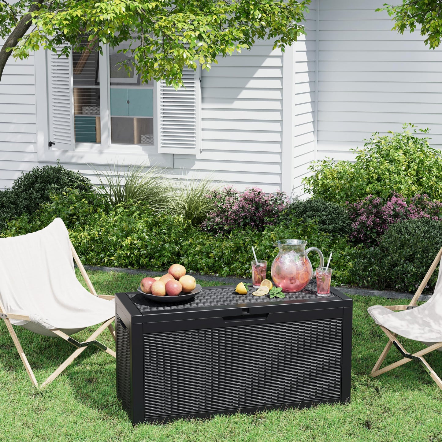 WTFGO 72 Gallon Outdoor Storage Box, Resin Deck Boxes Outdoor Waterproof For Patio Furniture, Garden Tools, Pool Supplies, Lockable And UV Resistant (Rattan Black)