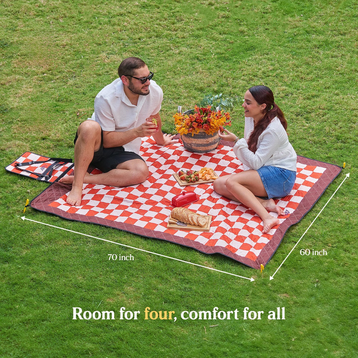 Cozy Club Waterproof Picnic Blanket – Foldable Outdoor Mat 60x70 with Stakes, Pocket & Shoulder Strap | Sandproof Beach Blanket for Festivals, Camping & Travel | Self-Packing | Terracotta | US Brand