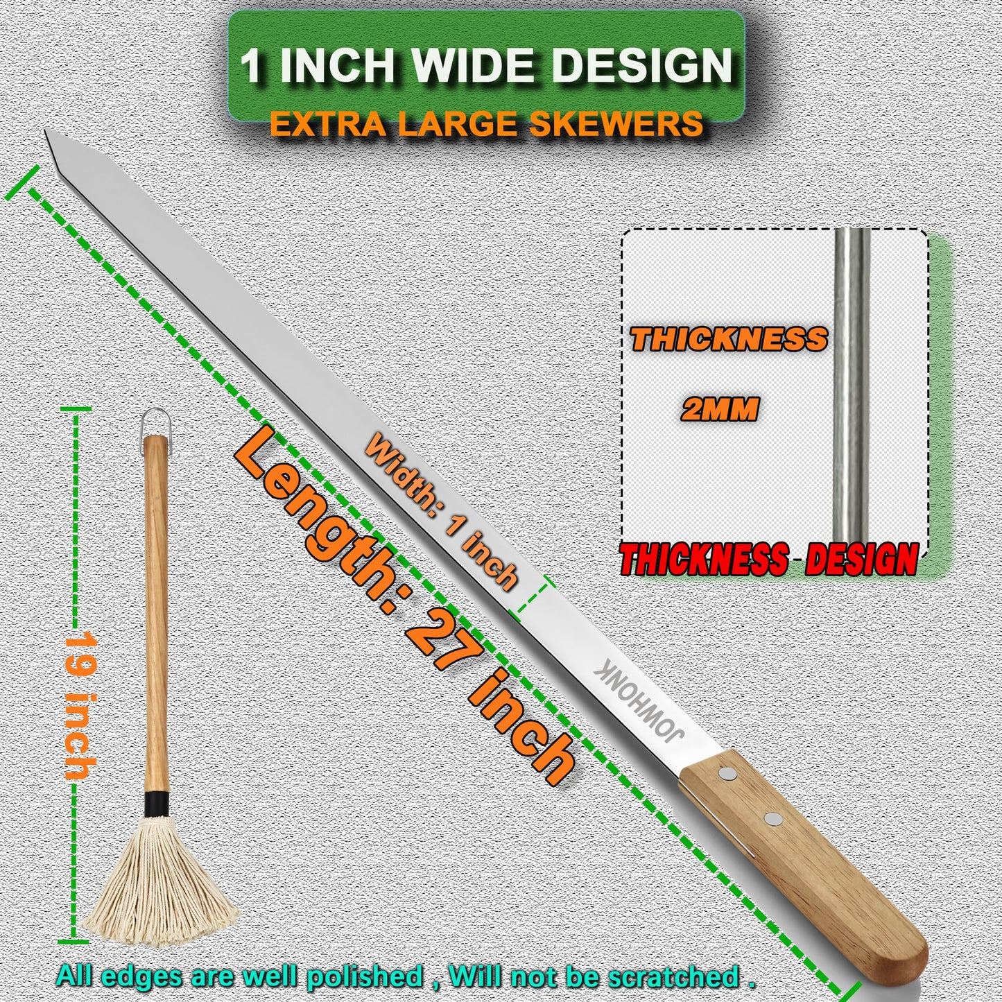 JOWHONK 27" 304 Stainless Steel Skewers for Grilling,1 Inch Wide Extra Large Skewers for Kabobs with Wooden Handle,Metal Flat Barbecue Skewer Make Koobideh Brazilian-BBQ Skewer(4),BBQ Mop Brush(1)