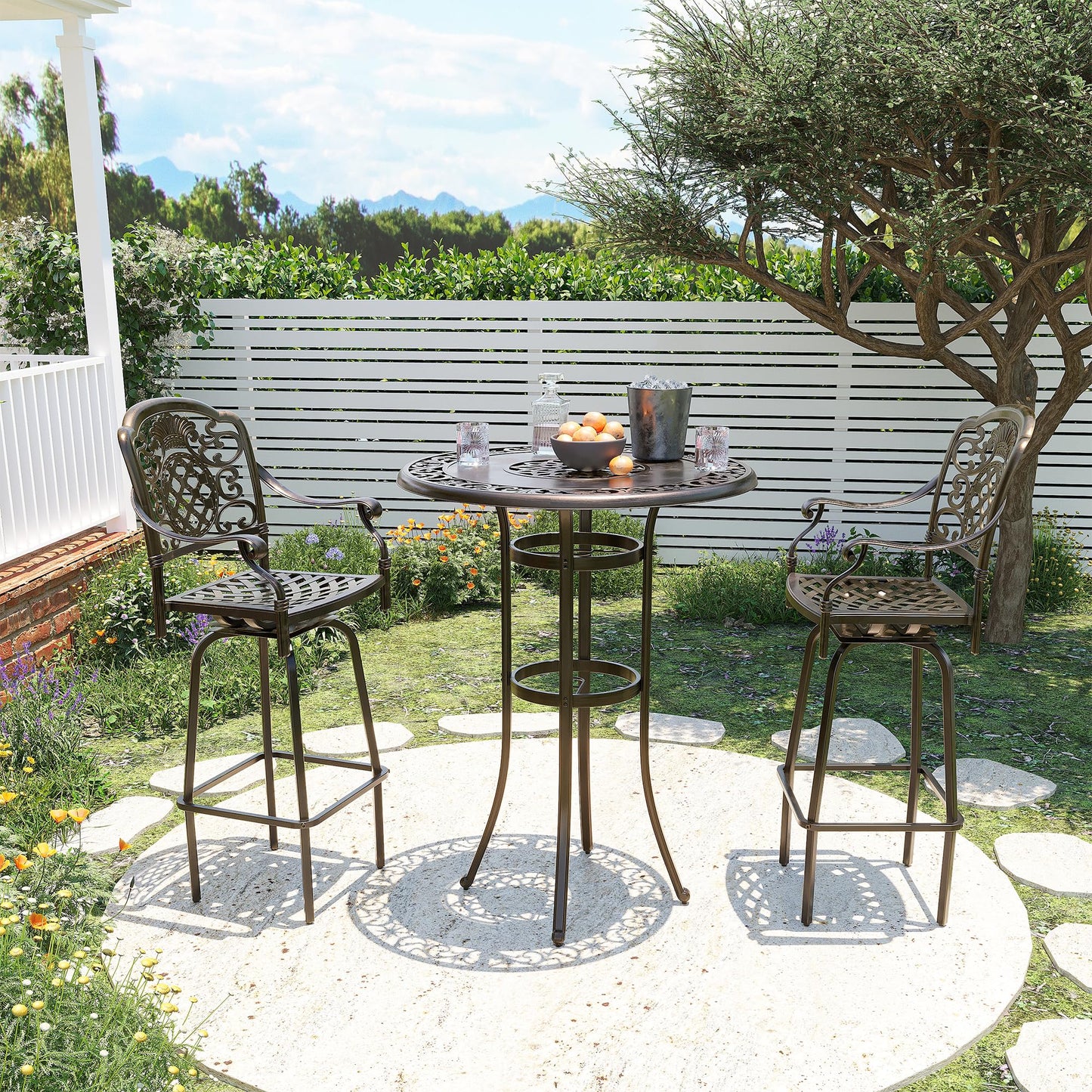 Pamapic 3-Piece Patio Swivel Bar Stools Set，Rustproof Cast Aluminum Patio Bar Sets 2，All-Weather High TopTable and Chairs Furniture Set Garden, Balcony, Bronze