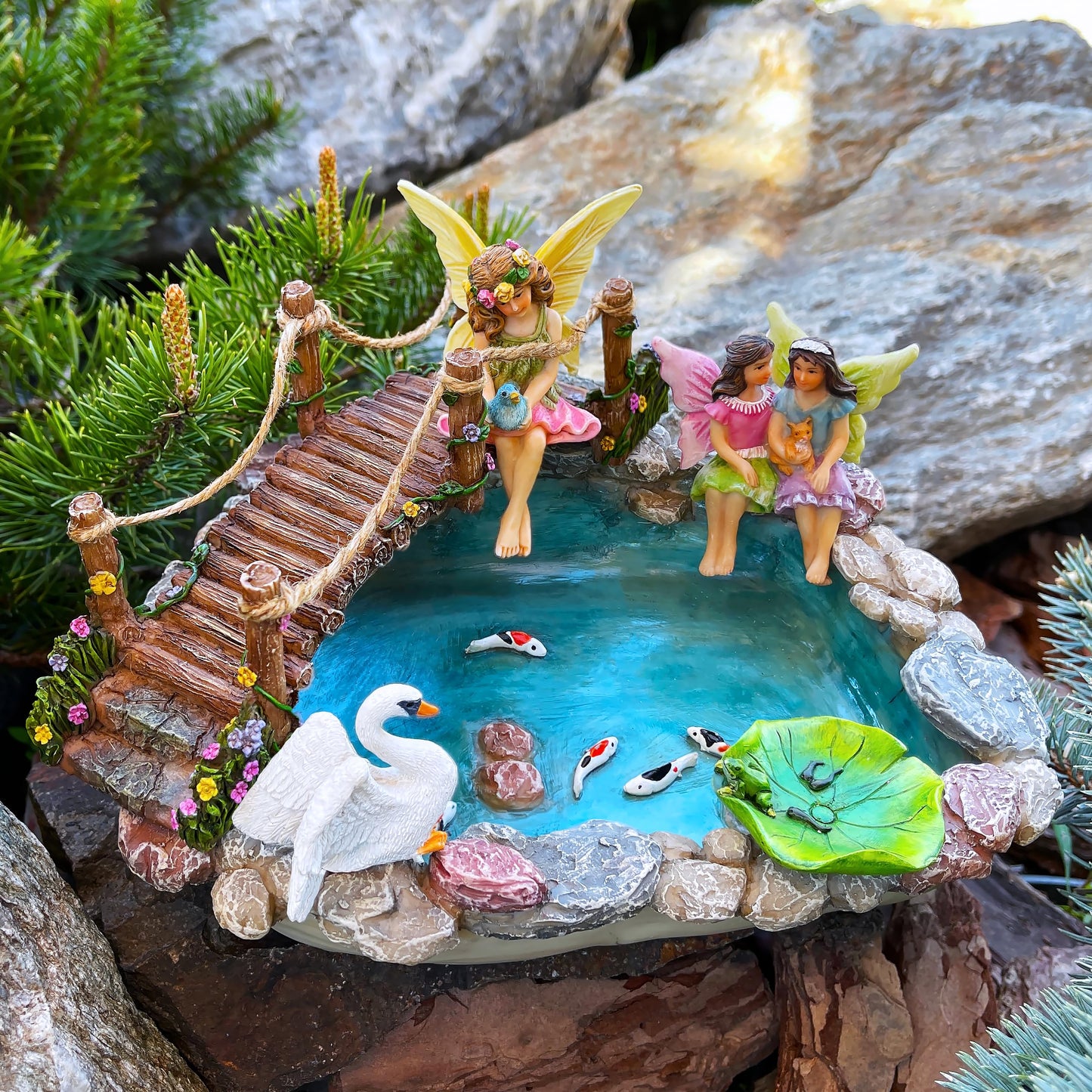 Mood Lab Fairy Garden Figurines - Fish Pond & Bridge - Miniature Decor Set (6 pcs) - Statues & Accessories - Outdoor & Indoor Garden Decor