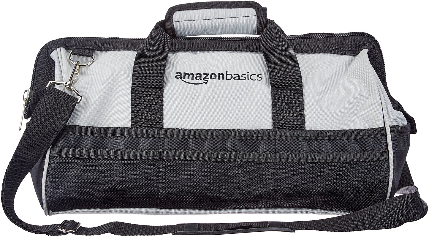 Amazon Basics Durable Wear-Resistant Tool Storage Bag with Adjustable Shoulder Strap, Portable Tool Organizer, 16 in, Black & Grey