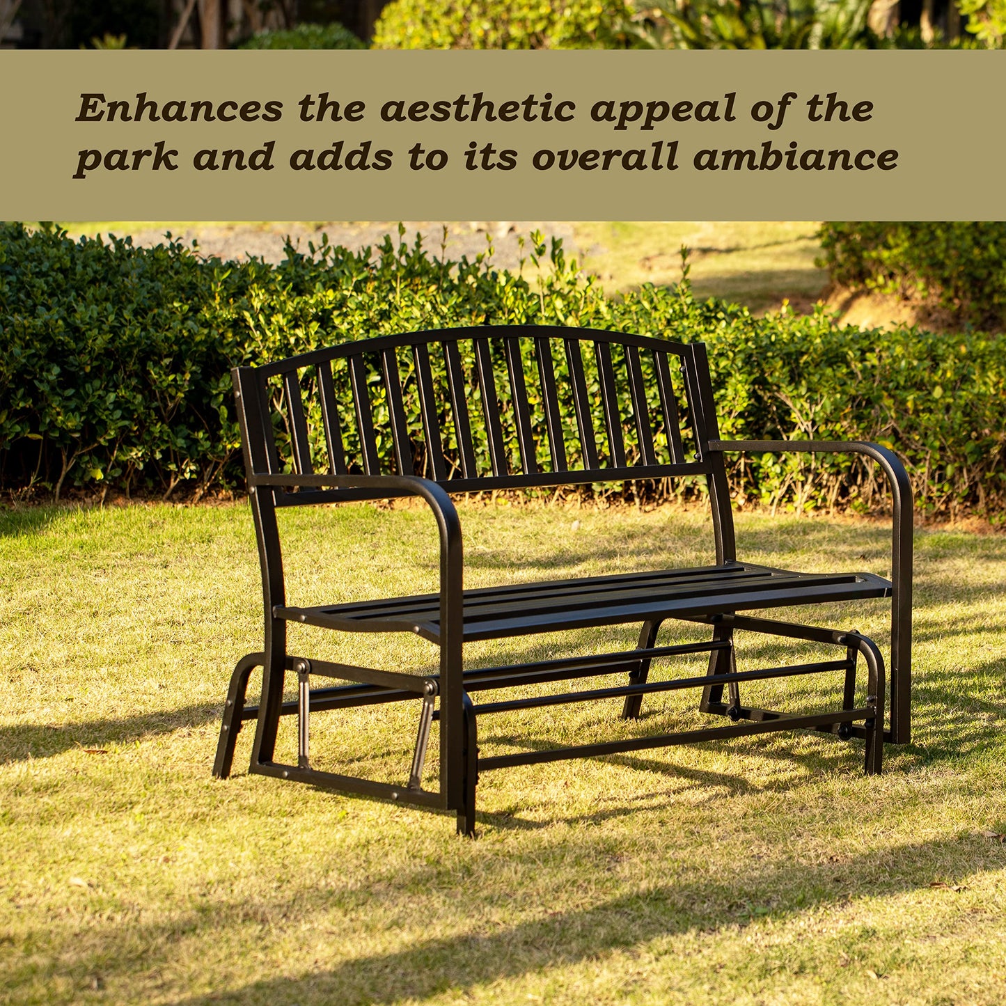 Gardenised QI003392 Outdoor Black Steel Swing, Powder Coated Glider Bench, Loveseat Lawn Rocker Bench for Yard, Patio, Garden and Deck