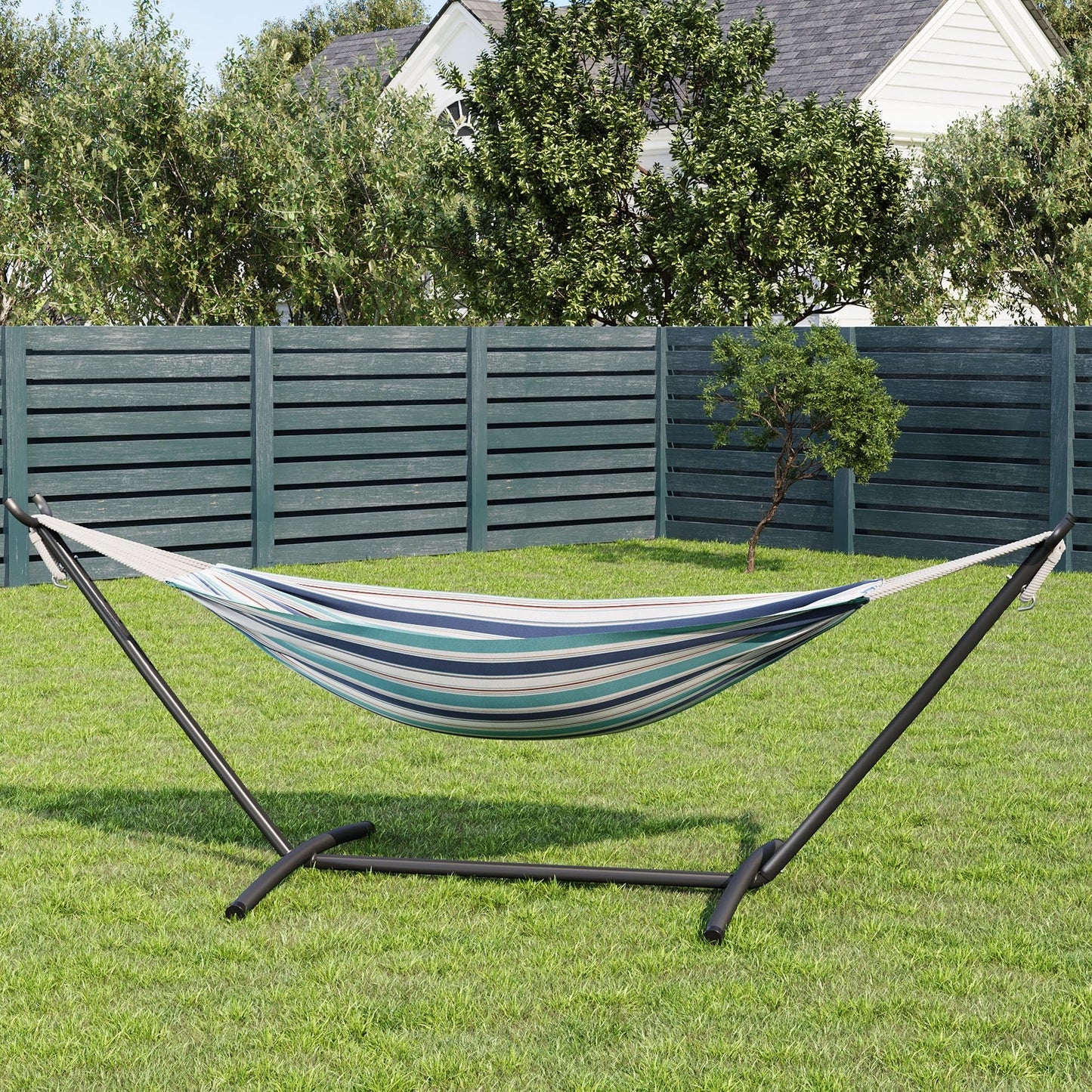 GarveeLife Double 2 Person Hammock, Indoor Outdoor Standing Hammock with Space Saving Steel Stand, Carry Bag, 450 LBS Weight Capacity, Suitable for Garden Camping Beach, Ocean