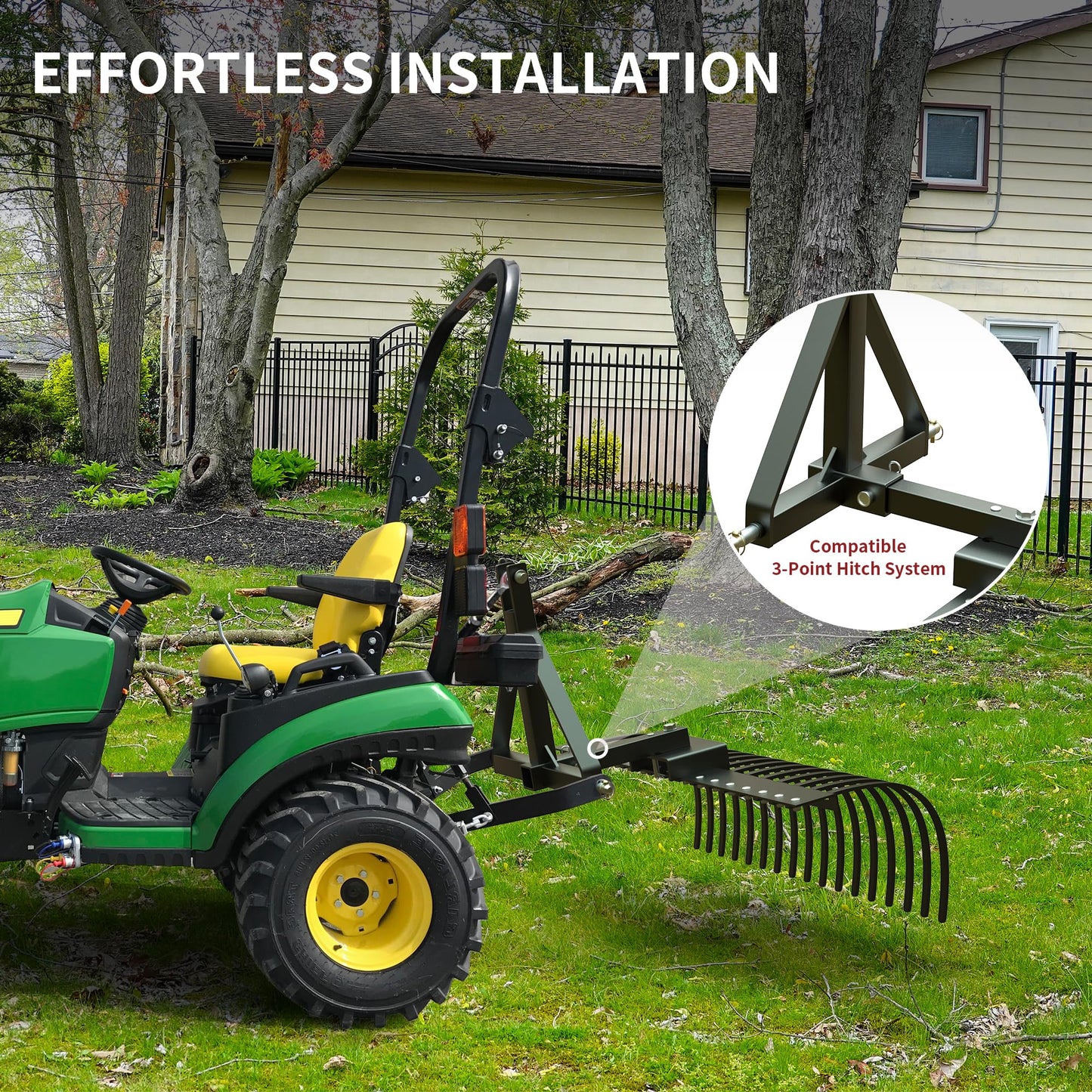 YITAMOTOR 48" Tow Behind Landscape Rake, 2" Receiver Lown Dethatcher Rack with 17 Steel Tines for ATV/UTV & 3-Point Hitch Systems Tractor, for Leaves, Debris, Grass, Pine Needles