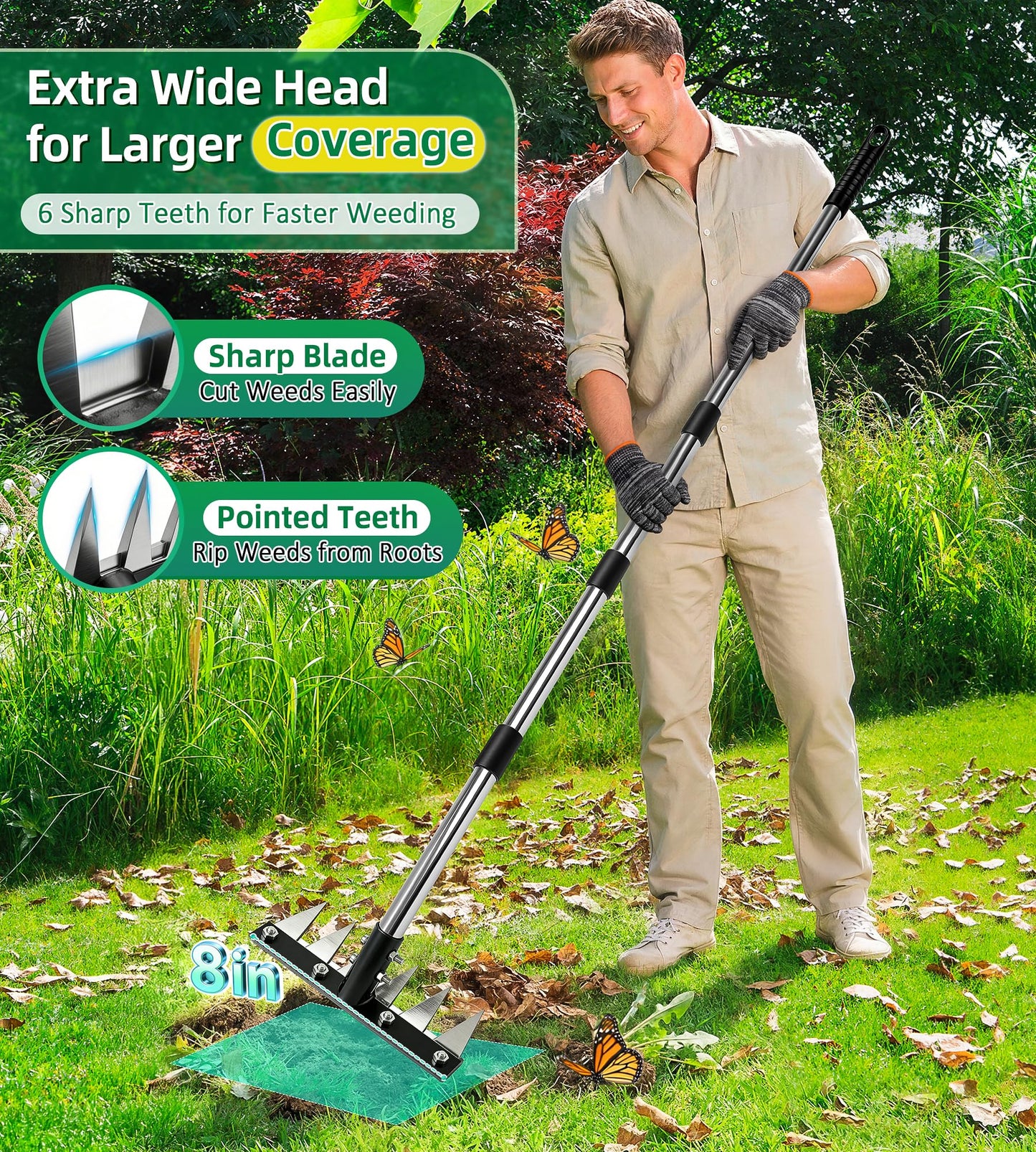 Joysuga Weed Rake Tool Iron Weed Puller with 71" Adjustable Long Handle, 6 Teeth Garden Weed Remover Tool Heavy Duty Manual Weed Puller with Gloves for Yard, Lawn, Garden